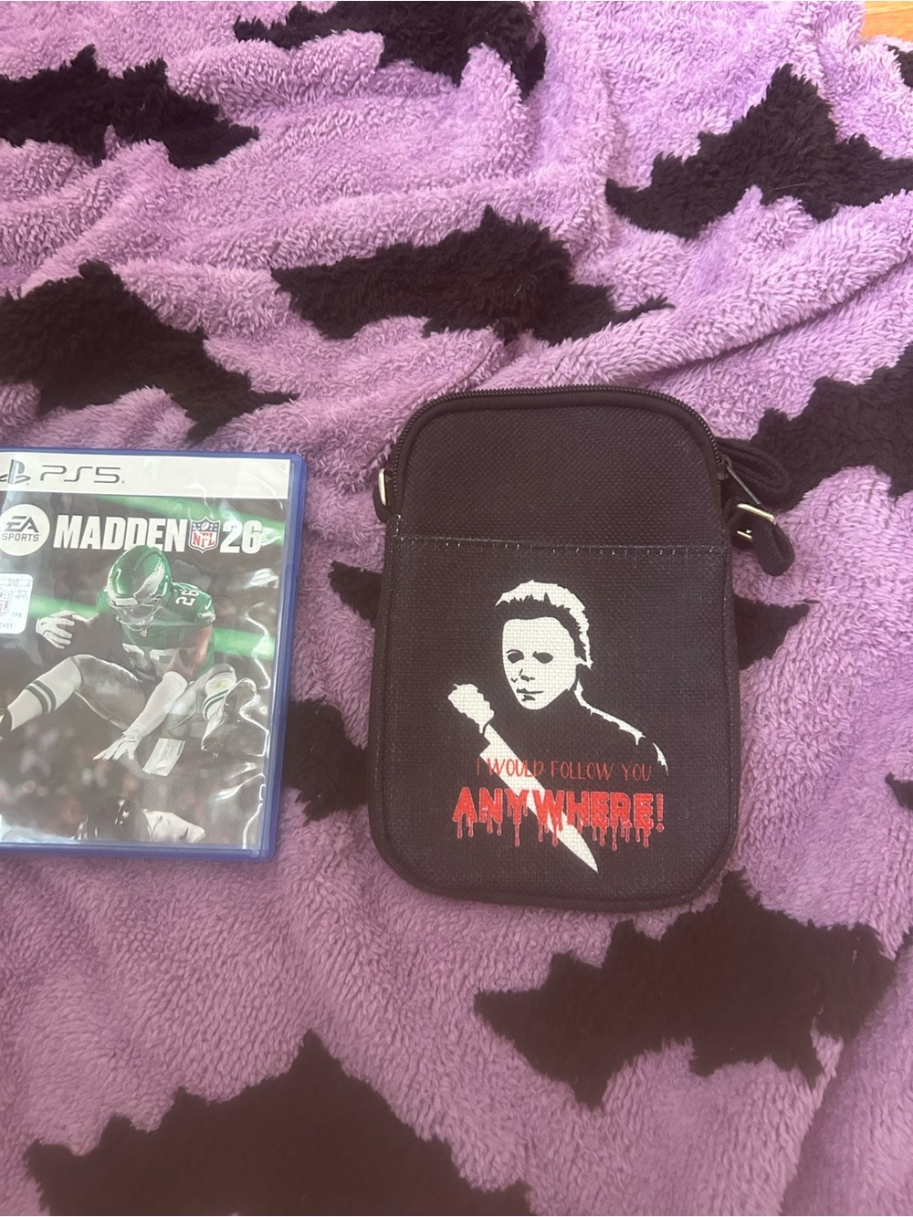 Black Horror Graphic Crossbody Pouch with Red Accents